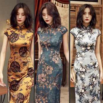 Yourqipao letnia tradycyjny strój chiński Cheongsam Qipao impreza ślubna moda Retro żuraw kwiatowy nadruk satynowa krótka sukienka