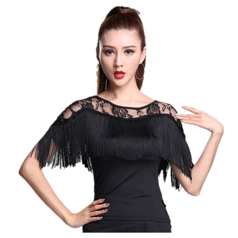 Lace Neck Fringe design Women Latin Dance Tops Tassel Latin Dancing Dress Cloth Tango Chacha Dancing Performamnce shirt