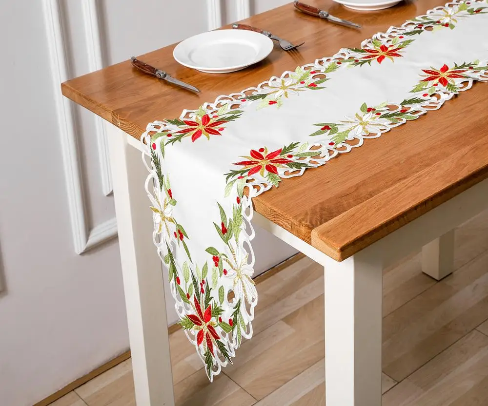 Christmas Table Runner Cardinal, Poinsett, Holly leaves runner,Handmade Cutout tablecloths for kitchen and Home Party Decoration