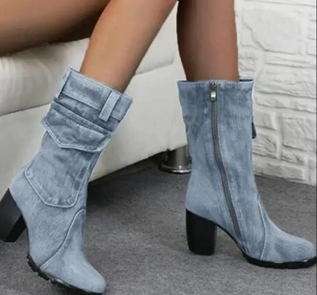 Spring autumn Denim boots for Women Mid-rise Solid color Large Size Shoes woman Slip-On Chunky Med Heels Mid-calf Boots