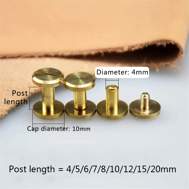 10pcs Solid Brass Binding Chicago Screws Nail Stud Rivets For Photo Album Leather Craft Studs Belt Wallet Fasteners 10mm cap