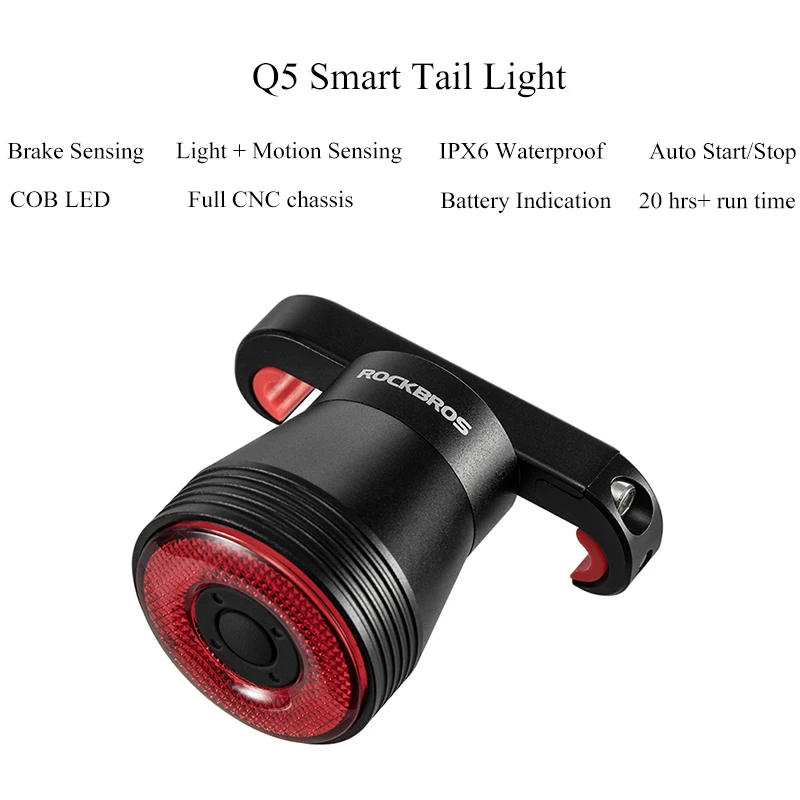 ROCKBROS Smart Bike Tail Light Type-C Rechargeable Ultra Bright Brake Sensing Bicycle IPX6 Rear Lamp Sense Flashlight Red Light