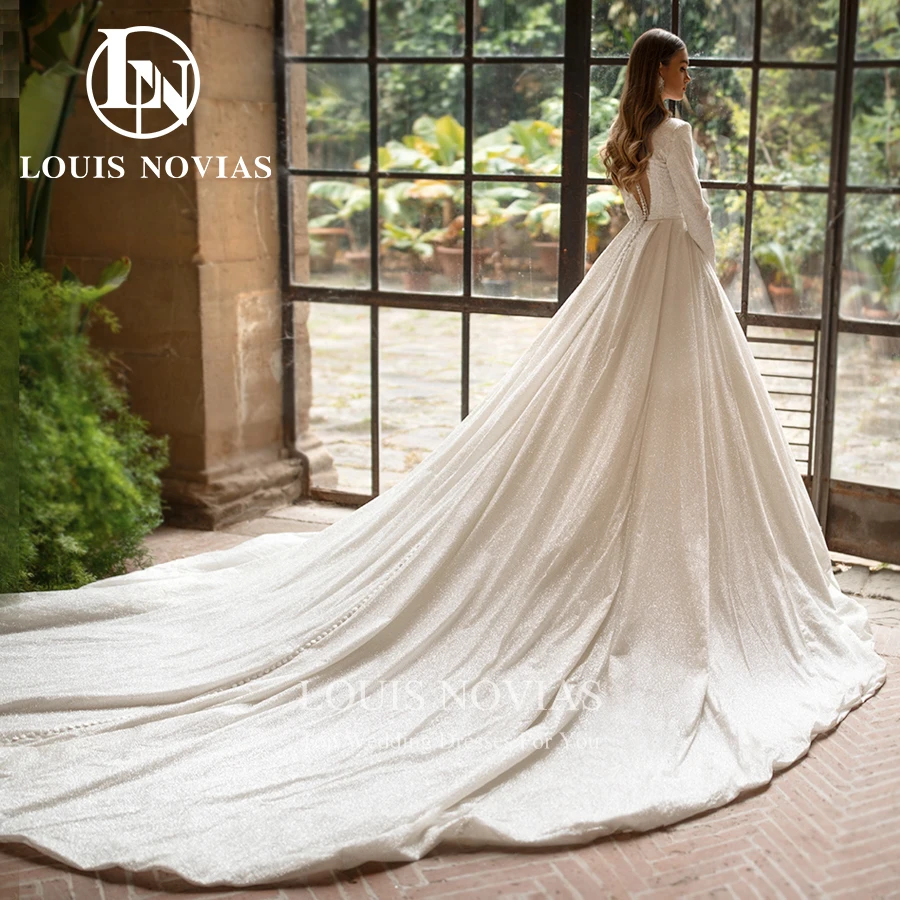 LOUIS NOVIAS Long Sleeve Wedding Dresses For Women Deep V-Neckline Sparkling Bridal Gown A-Line Bride Dresses Vestido De Novia