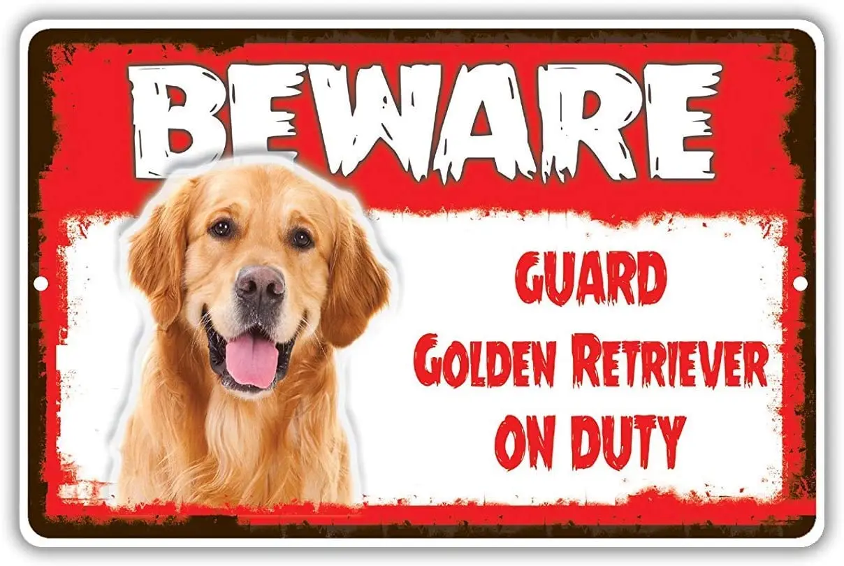 

Tin Sign Beware Guard Golden Retriever Dog On Duty Warning Sign - Metal Tin Sign 8x12Metal Bar, Living Room Decoration,