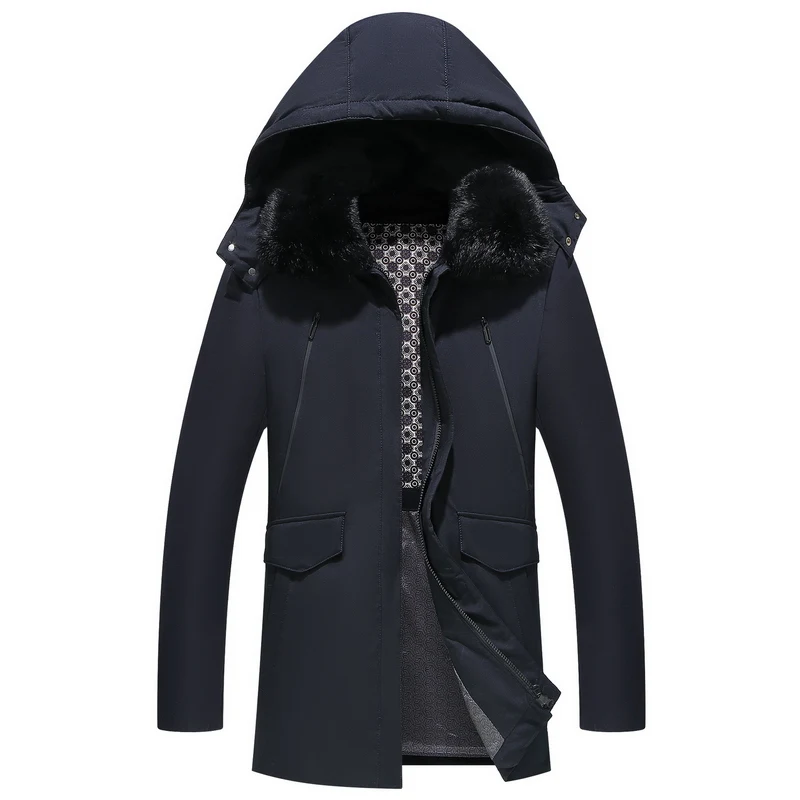 Brand formal down jacket male thick long dad grandpa coat for the work real rabbit fur big collar hooded warm coat business man