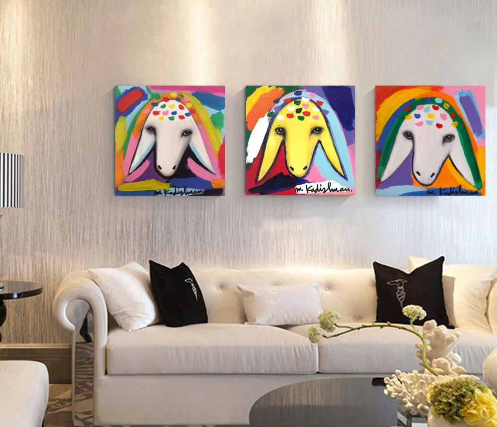 Hand-Painted Sheep Head Oil Painting for Living Room Decor Modern Animal Sheep Wall Painting M.Kadishman Famous Painting Artwork