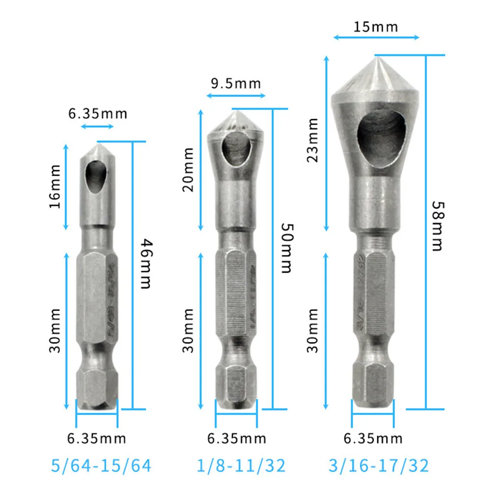 Chamfering Device 90° inch internal Chip Removal Countersink Drill 6.35 Hexagon Shank Deburring 3pcs Woodworking Hole Opener Set