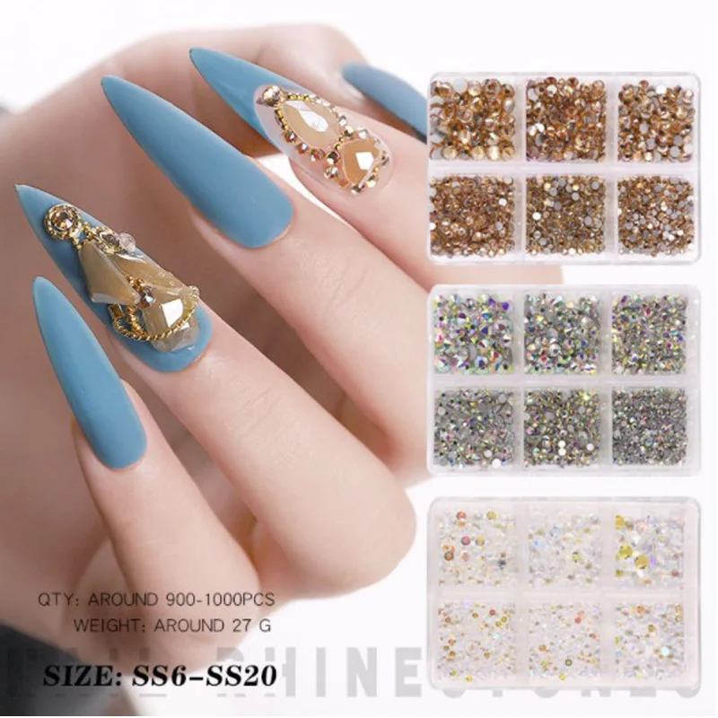 Nail Art Rhinestones Crystal Flat Bottom Mixed Color Multi-Size AB Porcelain White Champagne 6 Grids 3D Nails Decoration