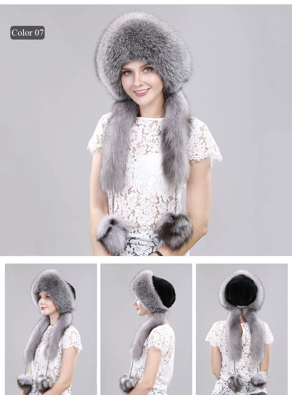 Echte Fuchspelzmütze mit Kaninchenfell-Oberteil, Wintermützen für Mädchen mit langen Pompons, Russische Trappermützen, Bombermützen, Bonnets für Frauen – Detail 9