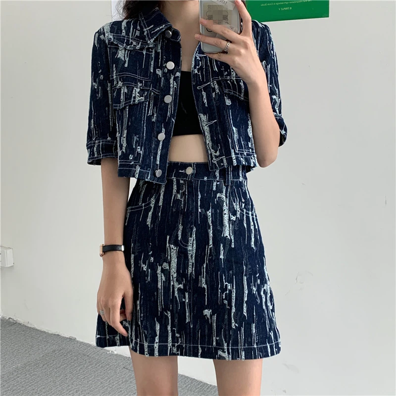 Denim Two Piece Set Jeans Suit for Women Summer 2021 New Fashion Crop Tops and High Waist Vintage Skirt Set Outfits Streetwear