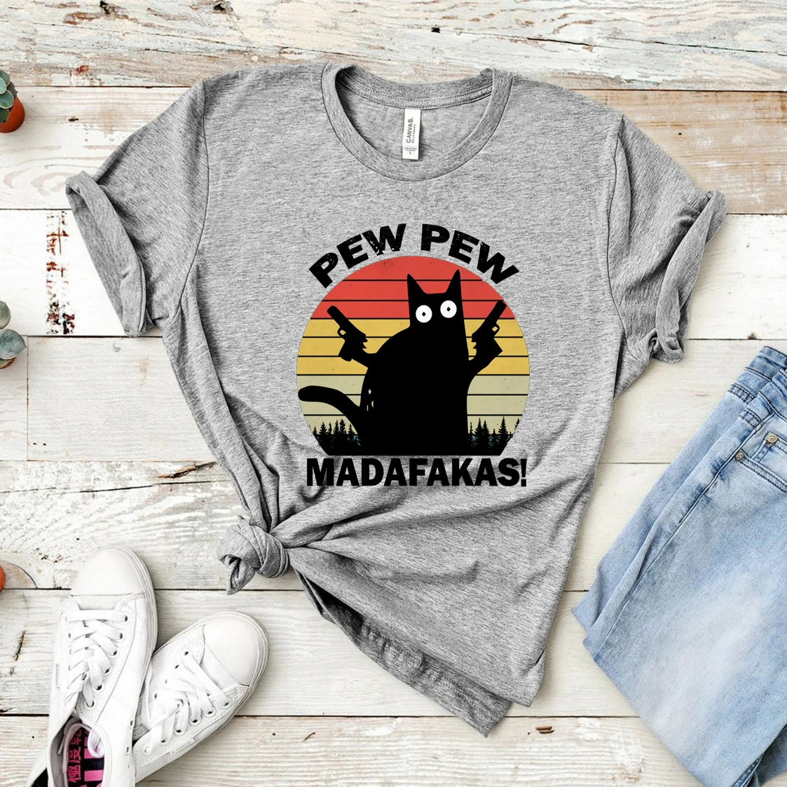 Pew Pew Madafakas Cat Shooting Shirt Crazy Vintage Cat Lovers T-Shirt Funny Pew Pew Sunset Graphic Tee Hipster Tops