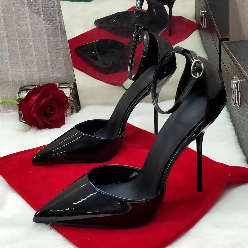 Two Pieces Style Patent Leather Pointy Toe Elegant Thin High Heels Women Sandals Shoes