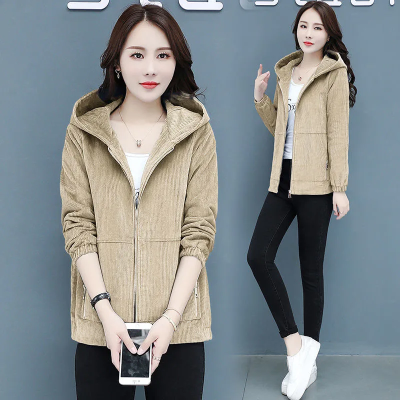 2022 New Women Corduroy Jackets Spring Autumn Solid Color Loose Outwaer Female Casual Middle-aged mother Hooded Overcoats R811