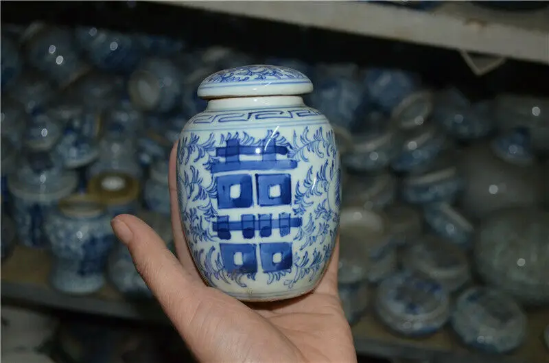 

100 mm Old China handwork blue and white porcelain vase double happiness