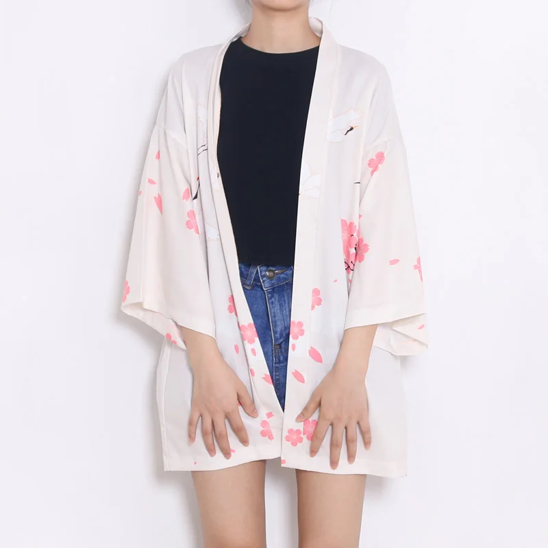 Japanese Kimono Cherry Print Yukata Women Kimono Shirt Tops Casual Harajuku Female Kimonos Kawaii Kimono Asian Cosplay Costume