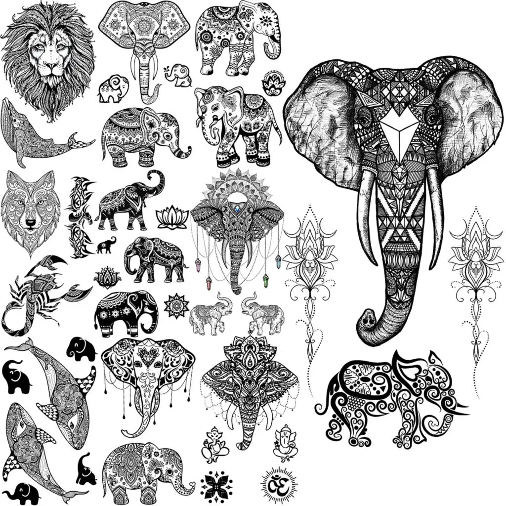 Black Elephant Henna Temporary Tattoos For Adults Men Realistic Lion Whale Wolf Scorpion Fake Tattoo Sticker Back Leg Tatoos 3D