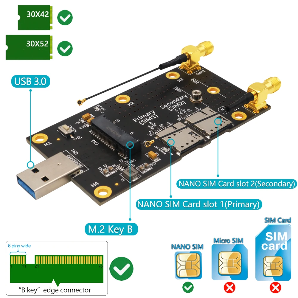 Ngff (M.2) Naar Usb 3.0 Adapter Met Dual Nano Sim Card Slot Voor 3G4G5G Module