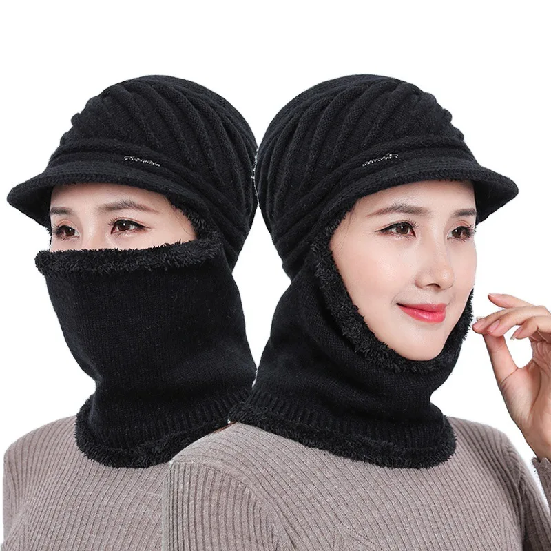 Middle-aged and Old Women's Hats Fall/winter Ear Protection Conjoined Wool  Warm and Plush Rabbit Fur Hats Fashion Knitted Hats