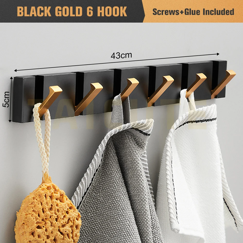 TAICUTE Folding Towel Hanger 2ways Installation Wall Hooks Coat Clothes Holder for Bathroom Kitchen Bedroom Hallway, Black Gold