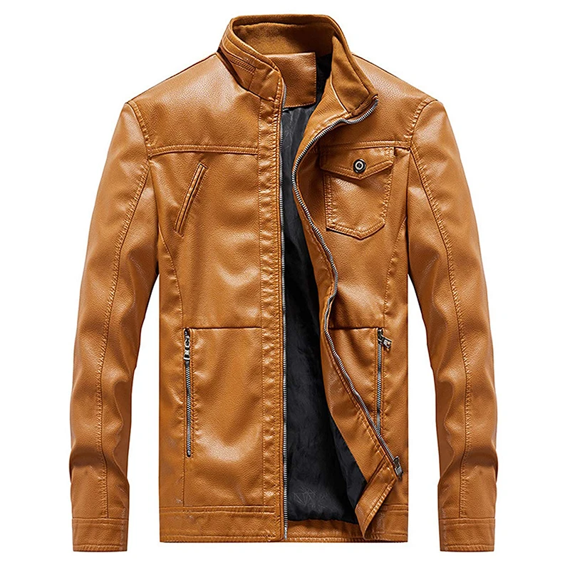 Idopy Autumn New Long Sleeve Men`s Faux Leather Jacket Full Zipper Stand Collar Motorcycle Biker Jacket Coat Plus Size L-6XL