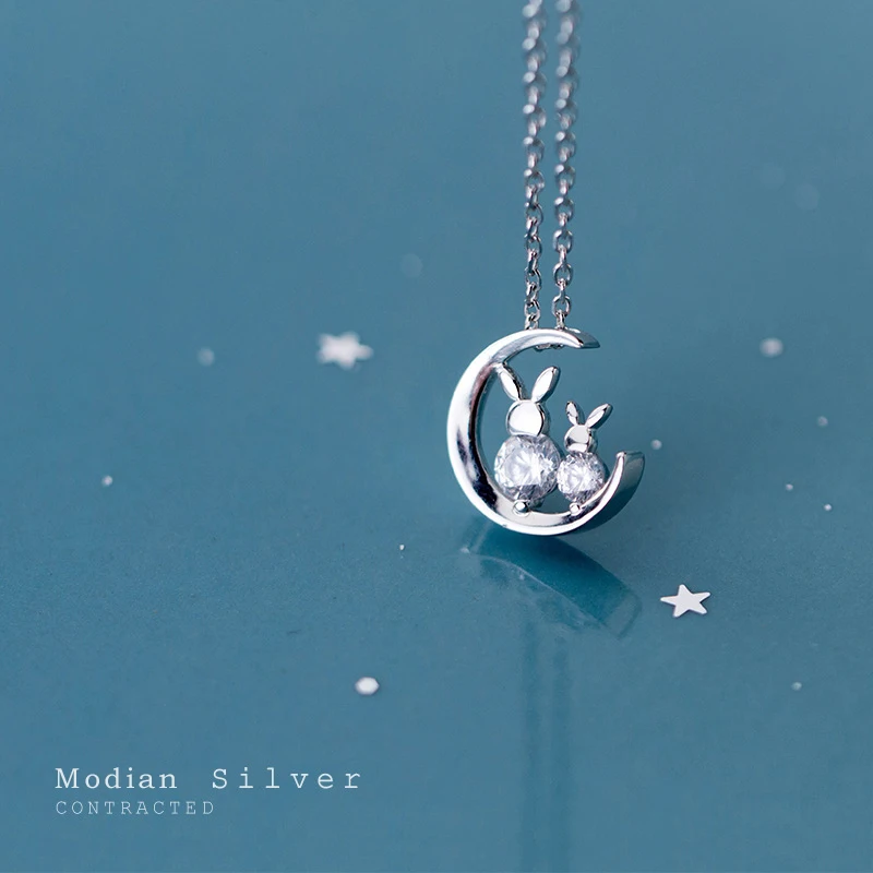 Modian Charm Authentic 925 Sterling Silver Moon Shape Rabbit Choker Necklace for Women and Girl Gifts Anti-allergy Jewelry