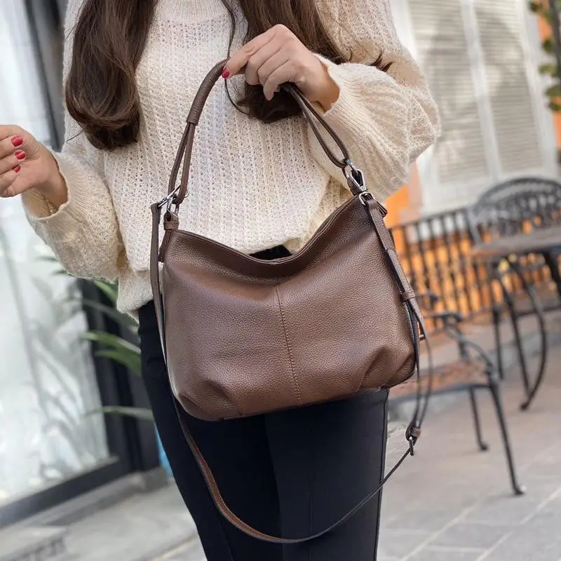 Genuine Leather Women Bag Soft Real Leather Shoulder Bag Casual Lady Handbag Luxury Brand Crossbody Bag Hobos Female Totes Purse