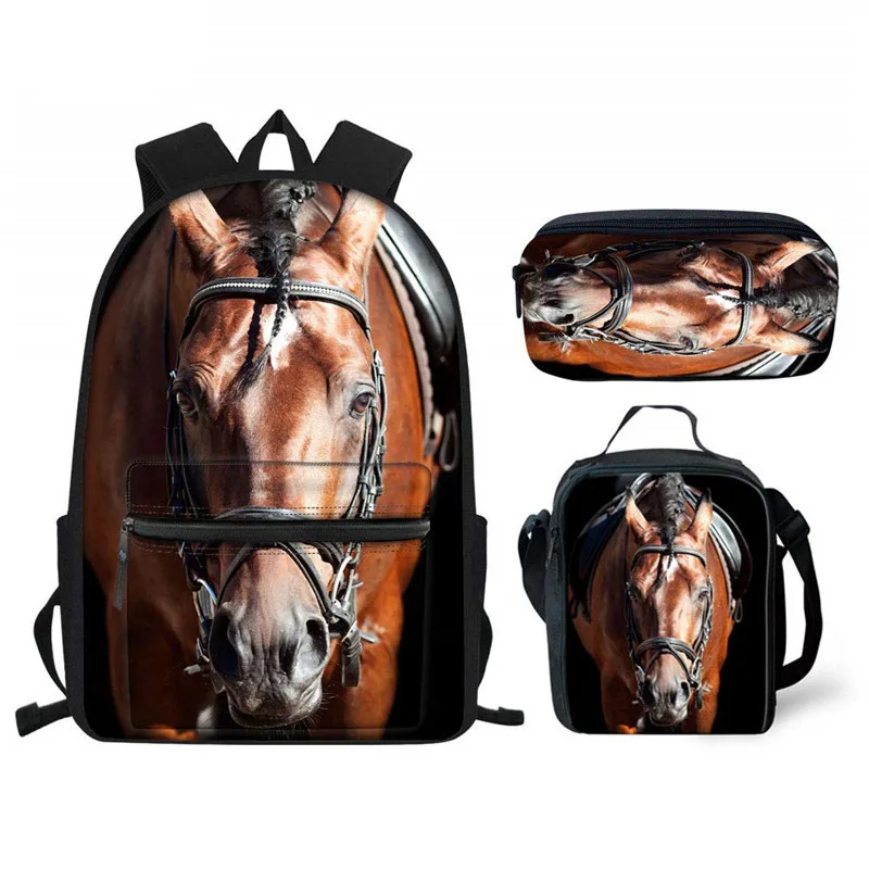 À prova dwaterproof água adolescentes sacos de escola 3 pçs/set cavalo animal 3d impressão ortopédica mochila para estudantes criança