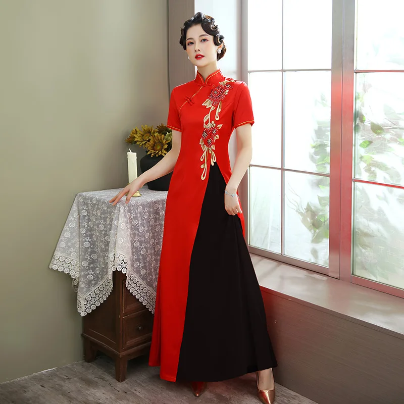 

Sexy Qipao Female Split Satin Evening Dress Gown Mandarin Collar Cheongsam with Flower Applique Plus Size 3Xl-7Xl Long Vestidos