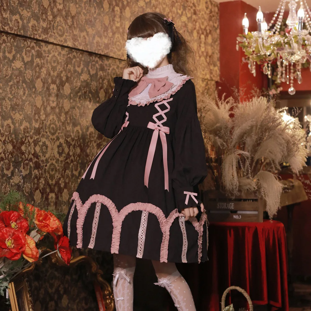 Gothic palace sweet princess lolita dress vintage falbala bowknot stand high waist victorian dress kawaii girl gothic lolita op