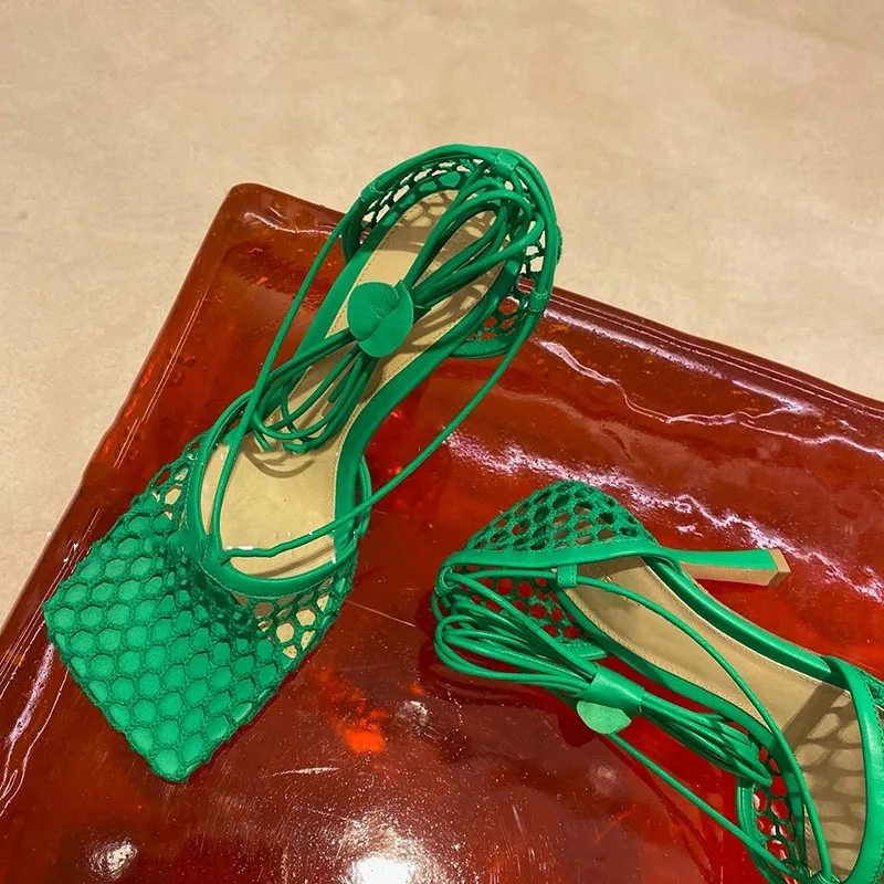 

Celebrity Summer Fashion Mesh Hollow Out Sandals Female Square Toe High Heels Sexy Ladies Green Nude Strippers Shoes Woman