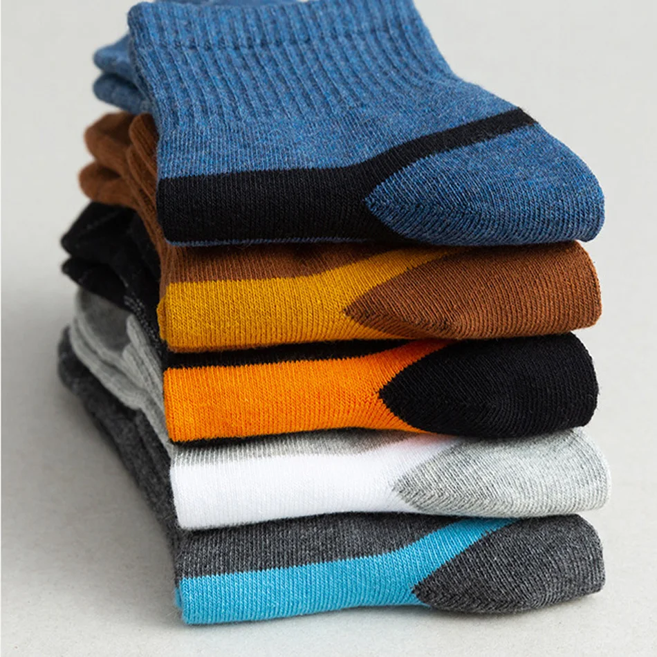 5 Pairs-pack Men\'s Crew Socks Autumn Winter Fashionable Colorful Splicing Cotton Socks Casual Working Socks Men Size 38-44