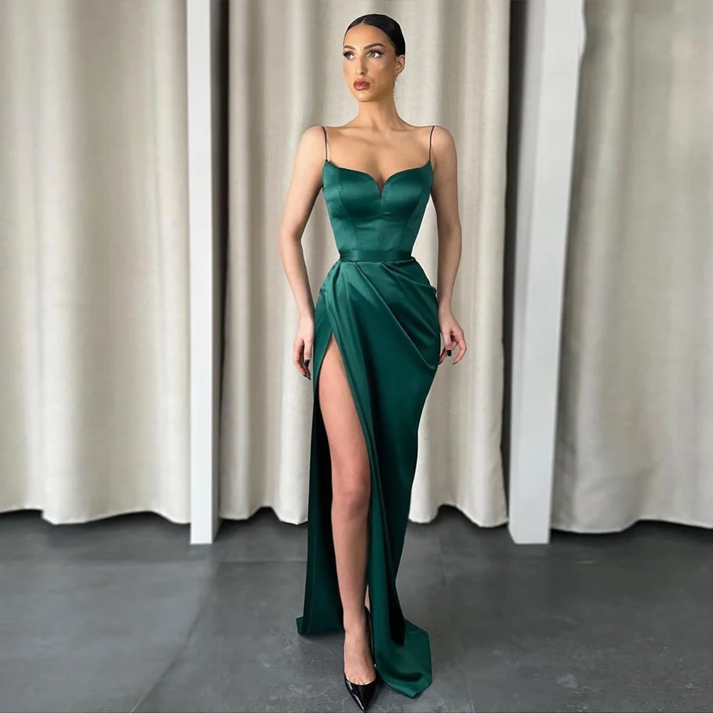 Robe de bal en Satin vert, longueur au sol, fente haute, col en cœur, robe d'invitées de mariage, sans manches, bretelles Spaghetti, 2022