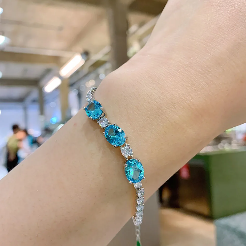 2021 New 7*9mm Aquamarine Stone Emerald Ruby Lab Diamond Strand Bracelet for Women Gemstone Party Fine Jewelry Anniversary Gift