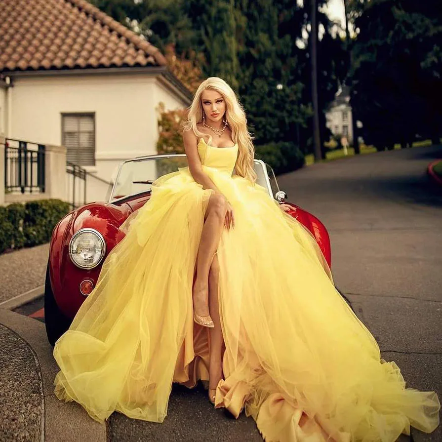 Princess Yellow Puffy Tulle Prom Gowns 2020 Off The Shoulder Lush A-line Formal Party Dresses For Women Bridal Gowns