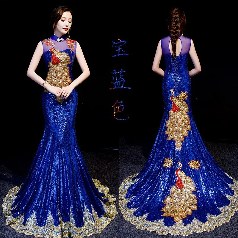 

Peacock Embroidery Chinese Style Long Trailing Cheongsam Sexy Slim Party Evening Dress Stage Dance Dressing Qipao Vestidos