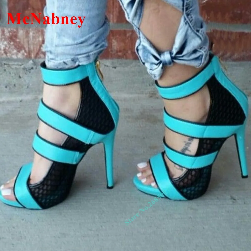 

Bandage Cutouts Ankle Sandals Open Toe Mesh Thin High Heel Platform Back Zipper Sandals Women Shoe Solid Summer Party Dress Shoe