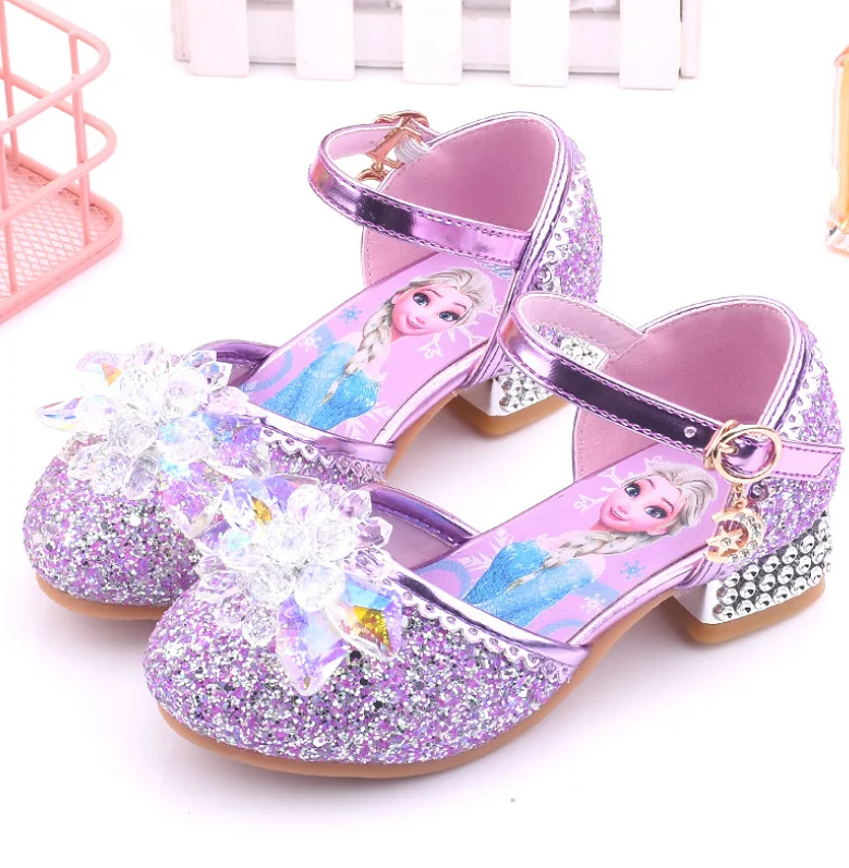 Disney Frozen Girls Lovely Cartoon Elsa Sandals Fashion Crystal Shoes For Baby Girls Soft Leather Single Shoes Princess Sandals