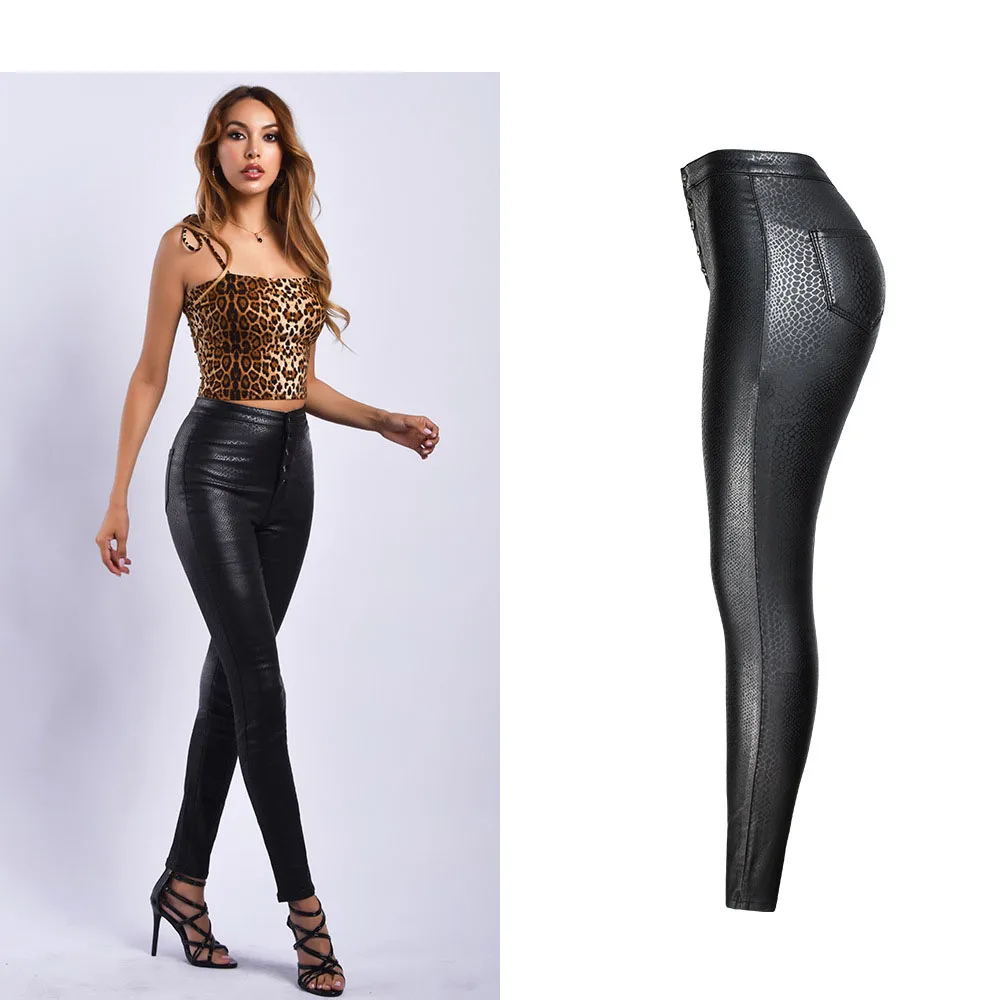 Jeans Women Sexy Pu Leather Black Jeans Pencil Pants High Wasit 2025 Autumn Winter Warm Elegant Slim Skinny Pants Outfits C1887