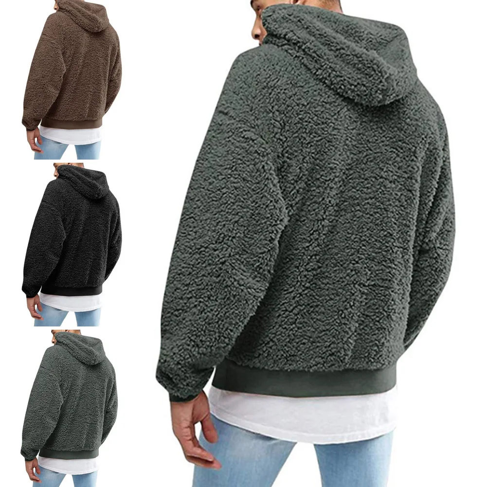 Winter Men\'s Solid Color Fluffy Wool Hooded Coat Pullover Warm Sweatshirt Velvet Fleece Hooded Men\'s Sweater