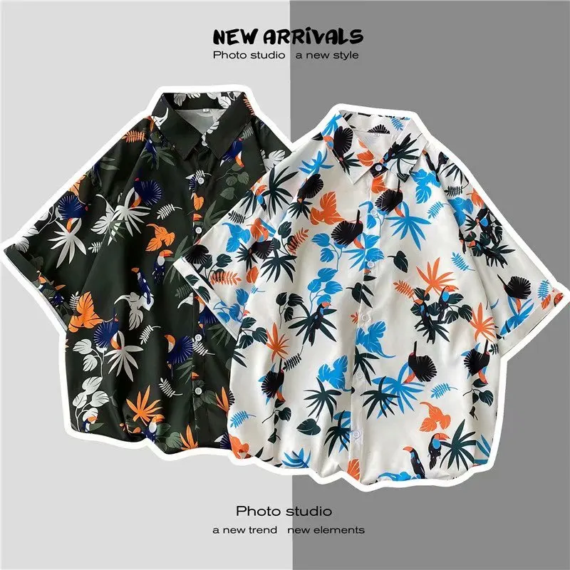 2021 New Men's Shirts Korean Fashion Streetwear Printed Flower Shirt Men Summer Casual Harajuku Men Clothing Short Sleeve Shirts