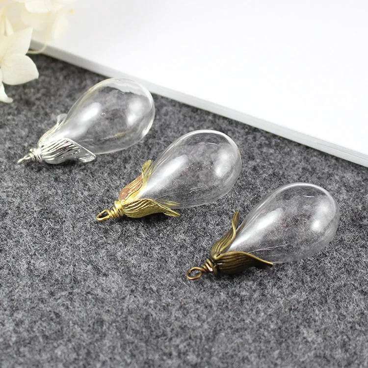 4PCS  31x18mm Hollow Round Drop Glass With Metal Caps Glass Vials Pendant Glass Bottle Charms Jewelry Findings