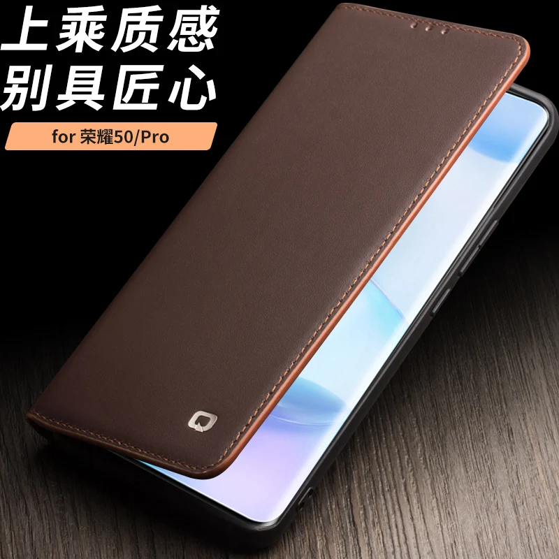 

Wallet Genuine Leather Phone Pouch Bags For Honor 50 Honor50 Pro Real Cow Skin Cover Case Card Pocket Vintage Business