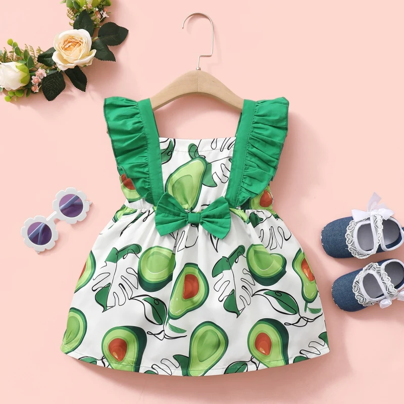 Baby Girls Summer Dress Children\'s Party Dresses Clothing Kids Cute Avocado Printed Sleeveless Tops Bow Dress For Girls C