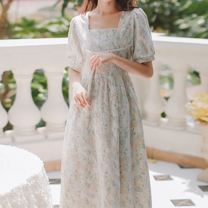 

French Puff Sleeve Fairy Dress Women Vintage Sweet Party Floral Long Dress Female Summer Chiffon Korean Bandage Dresses 2021 New