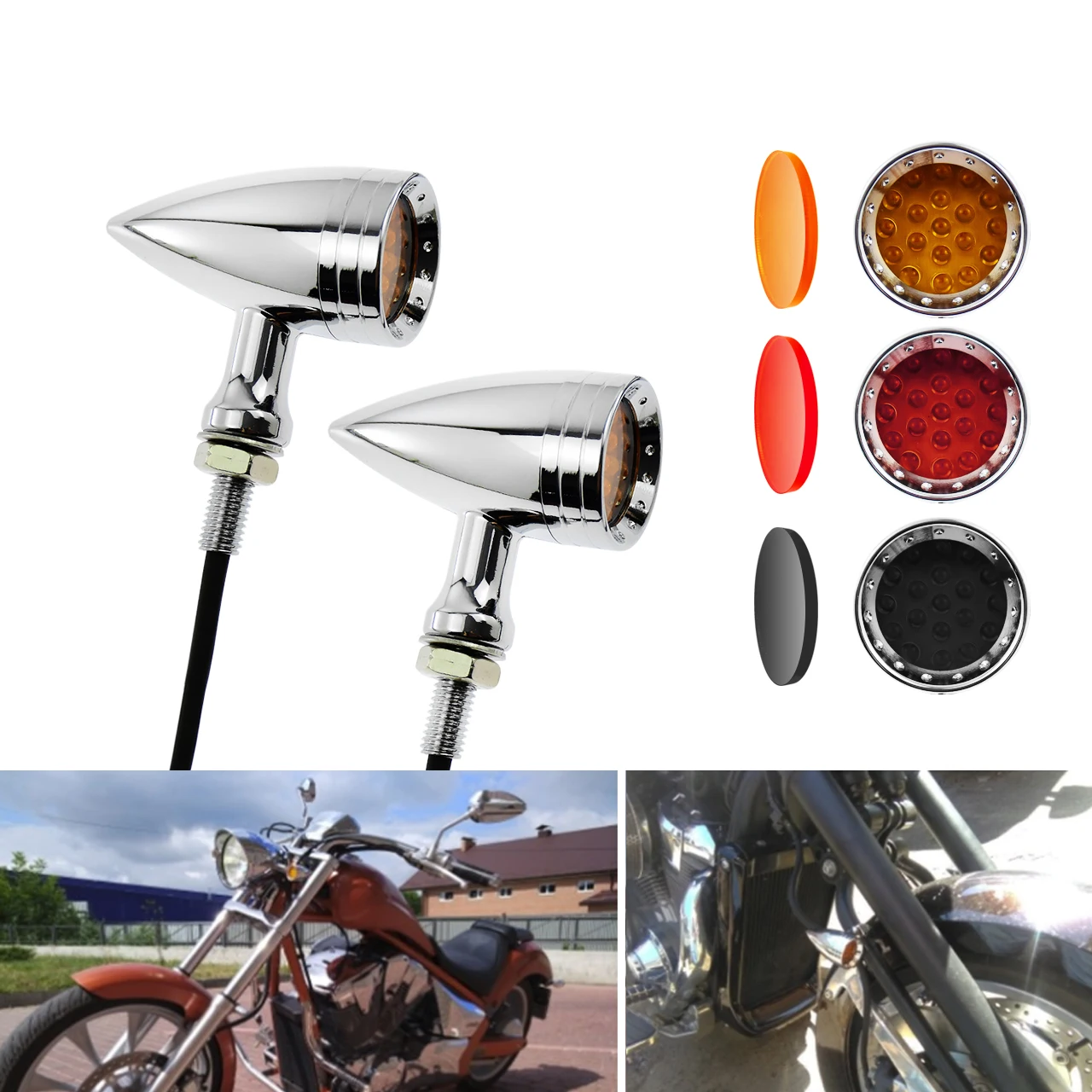 Motorcycle 10mm Vintage LED Turn Signal Blinker Amber Indicator Light Black/Chrome For Harley Chopper Cruiser Bobber Cafe Racer