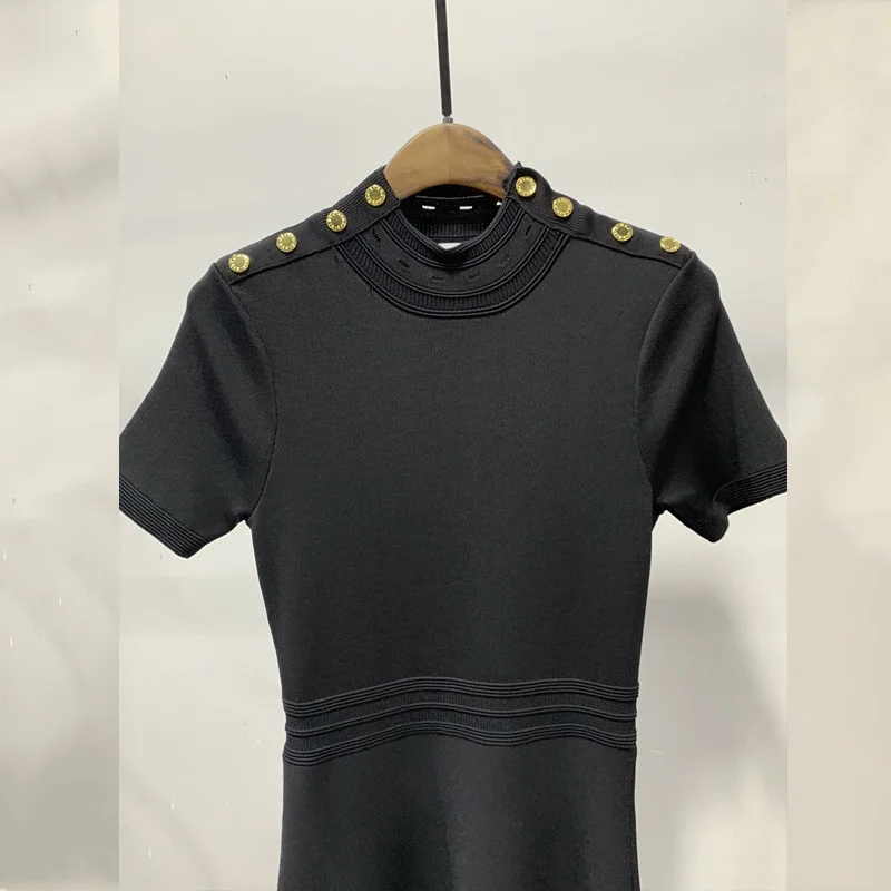 Vestido elegante de punto para primavera y verano, vestido negro ajustado con cuello redondo, ropa de calle de manga corta para fiesta, a media pierna, con botones de diseño a la moda