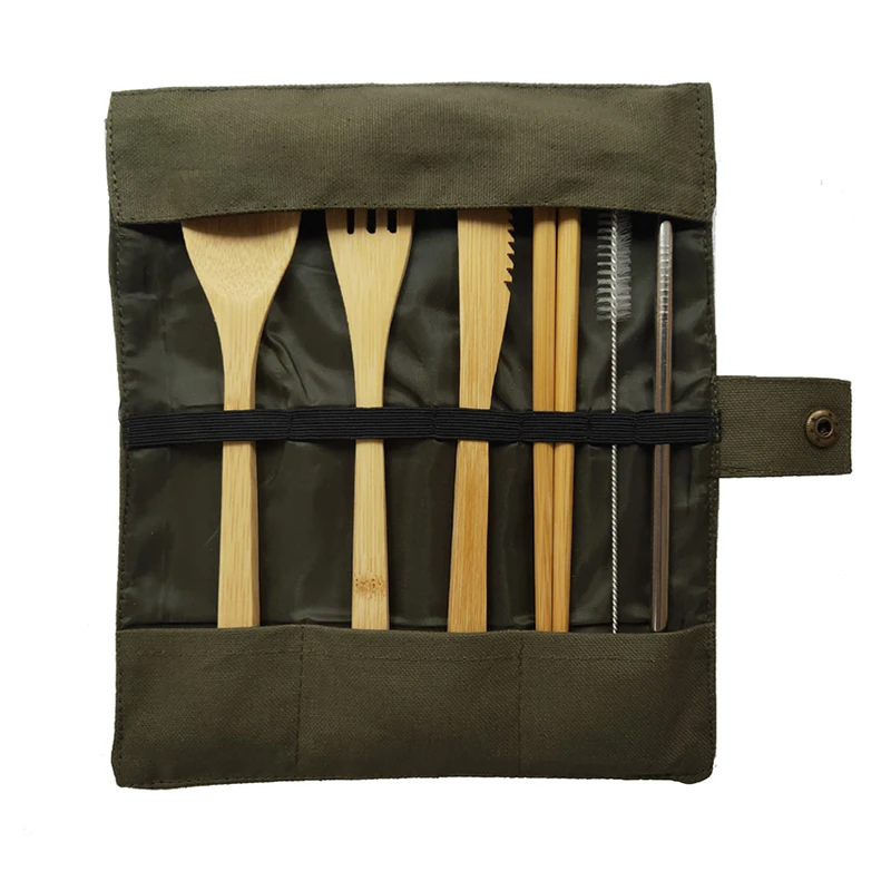 Bamboo Cutlery Set with Cutlery Bag Reusable Wooden Cutlery Fork Spoon Knife Set Tableware Nature bamboo Travel eco friendly 6