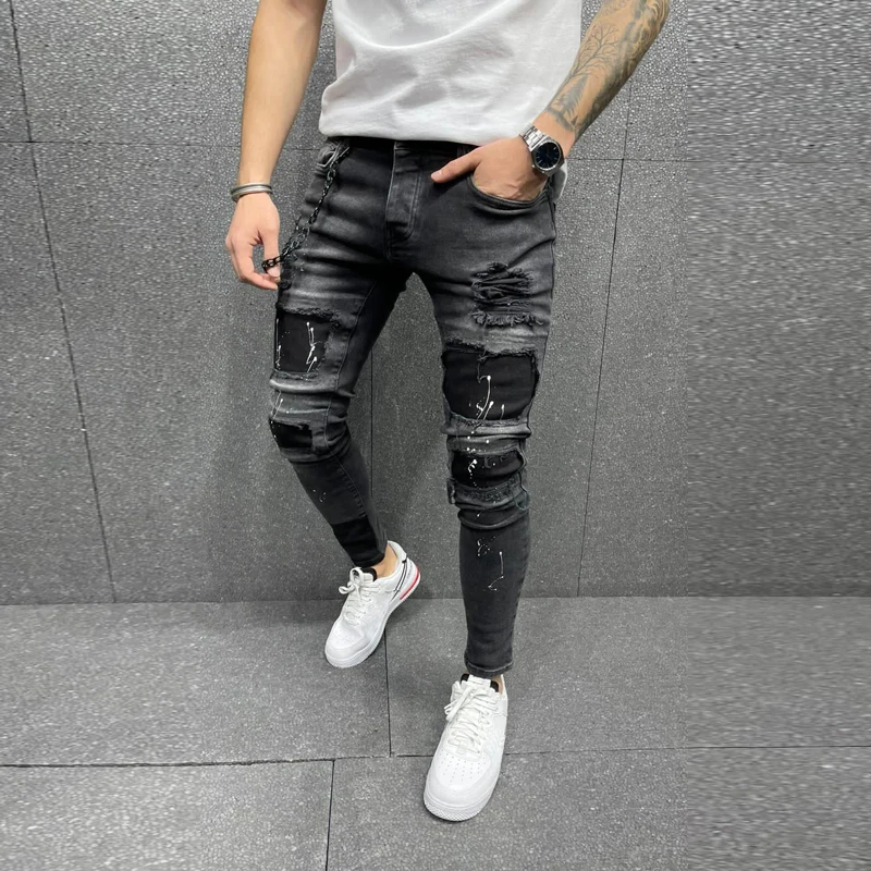 Mens Streetwear Fashion Pants Elastano Skinny Slim Jeans patch pockets ripped jeans for men street broken black denim Trousers