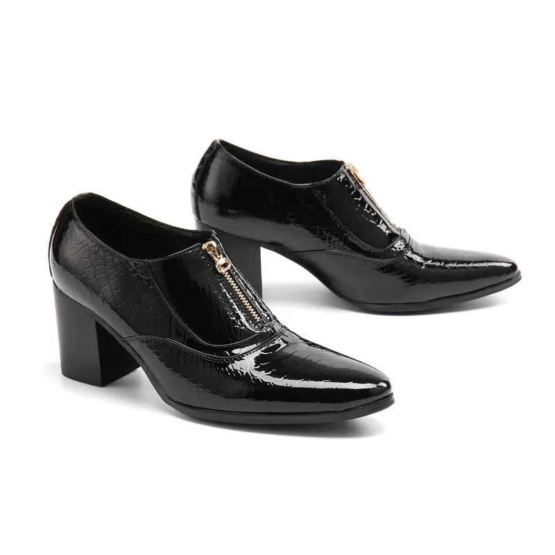 

British Black Big Size Party Dress Shoes High Heels Zipper Male Genuine Leather Shoes Formal Brogue Shoes Wedding Evening Shoes