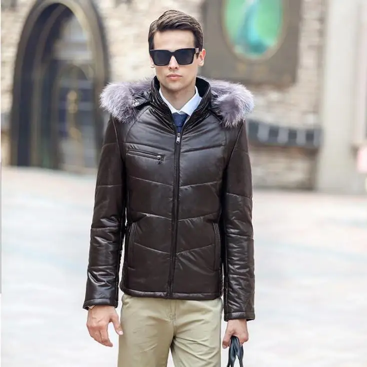 

Jackets New Slim Fashion Korean Plus Size Men's Sheep skin Leather jacket Men Warm Outwear male Winter Detachable hat Coats